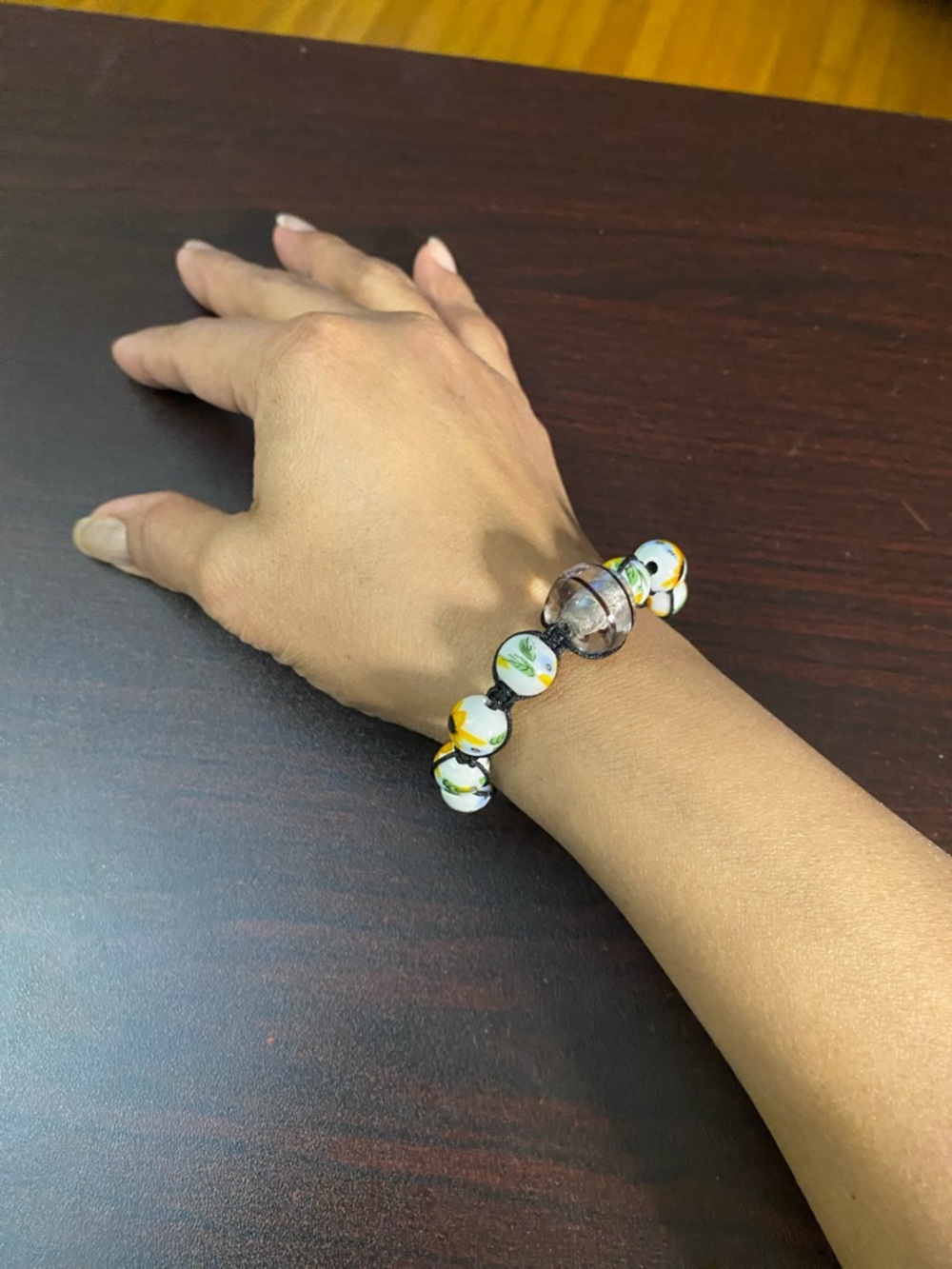 Floral Beaded Bracelet with Black Cord